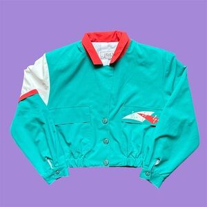 Vintage 90s Fashion Gallery Cropped Abstract Cropped Teal Salmon Pink Large